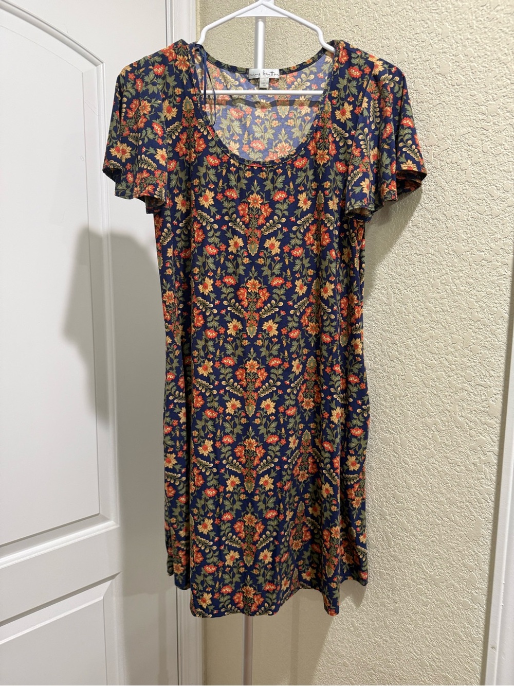 nine britton Navy Floral Midi Dress with Orange and Yellow Print